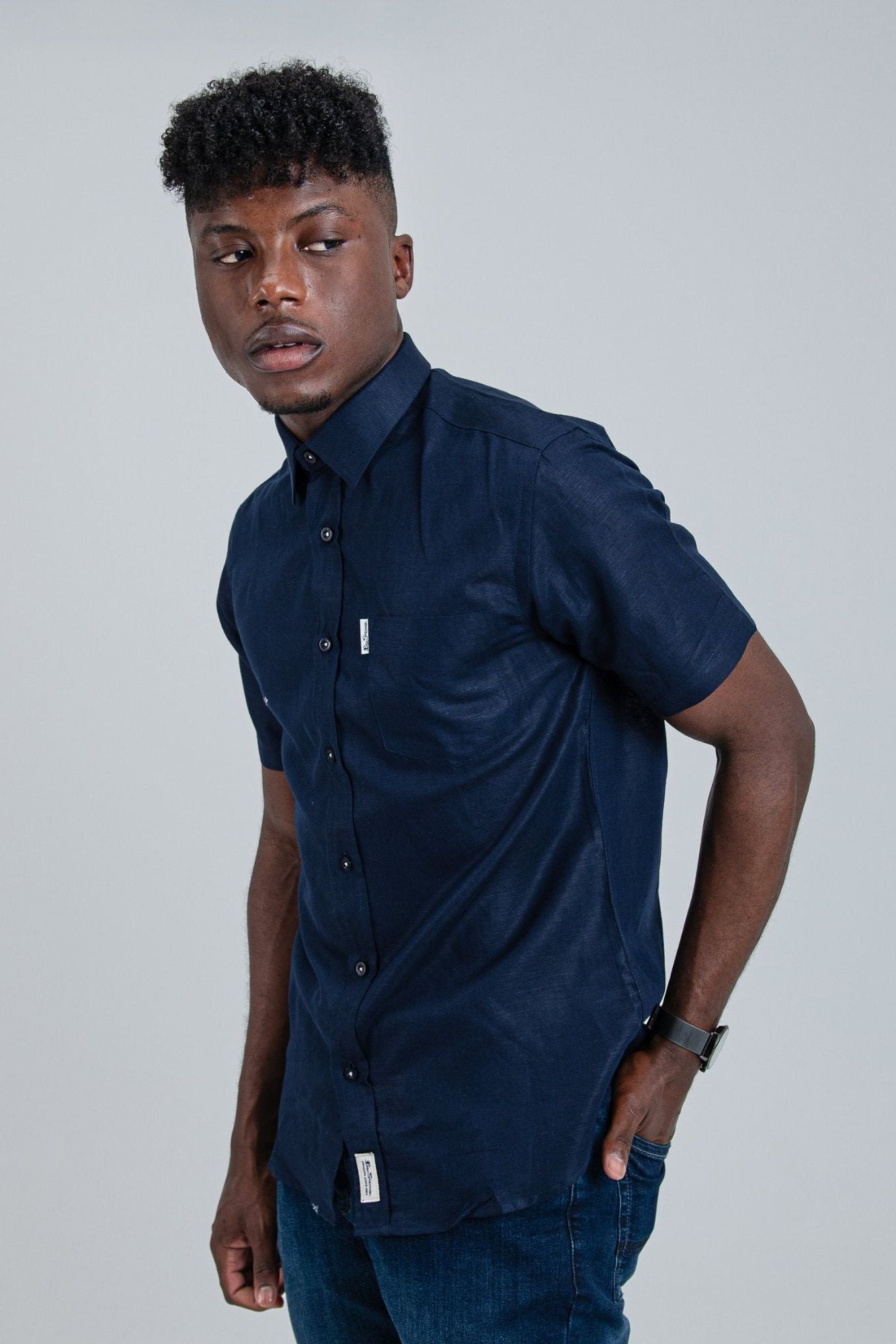 LINEN SHIRT SHORT SLEEVE - NAVY