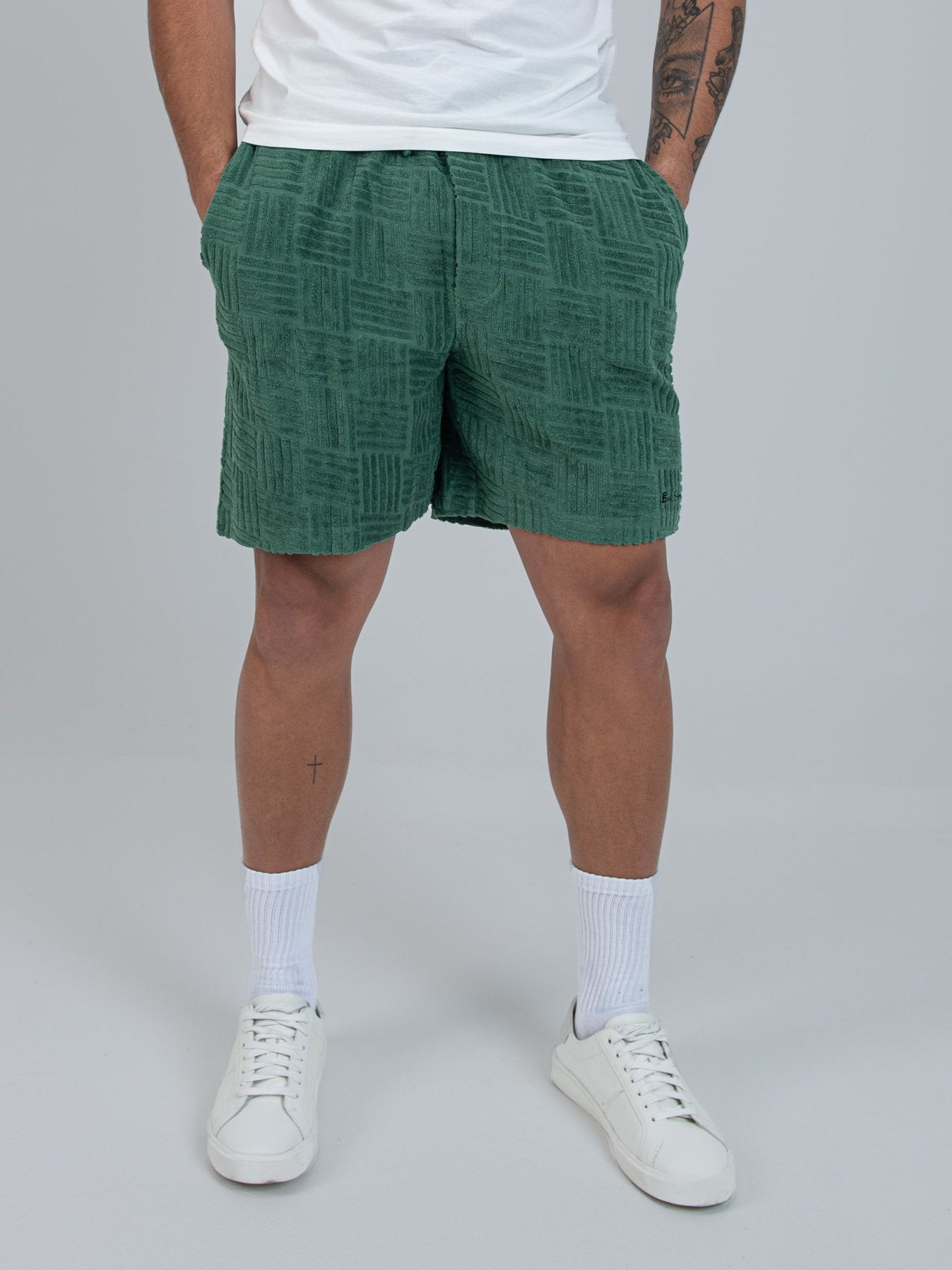 Relaxed Terry Textured Shorts - Rich Fern